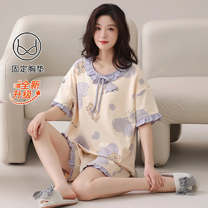 【带胸垫】莉莉家睡衣女士纯棉爱心熊短袖短裤圆领套头夏季家居服