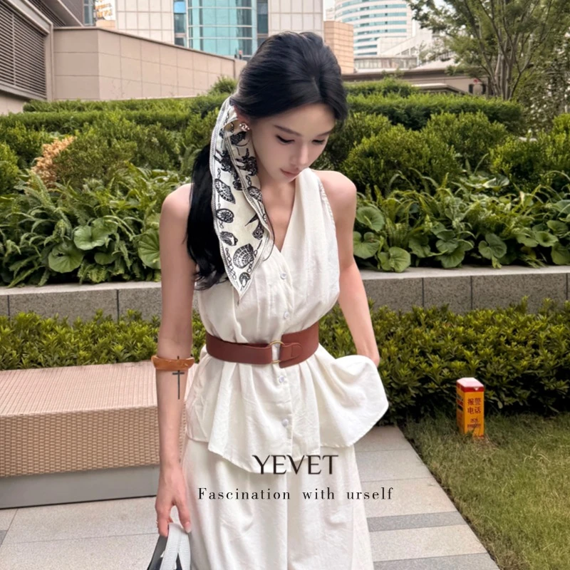 老钱风气质无袖V领挂脖慵懒松弛感收腰背心衬衫阔腿裤两件套套装