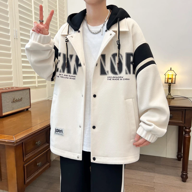 青少年2025春季新款男士翻领夹克港风时尚潮流可脱卸帽学生外套男