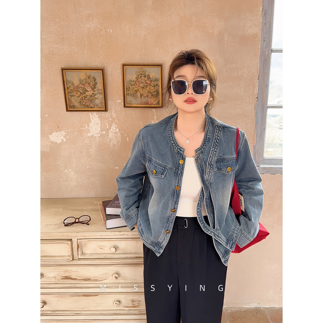 应小姐【城市工匠】微胖大码韩版拼接洋气百搭宽松气质小众牛仔外套