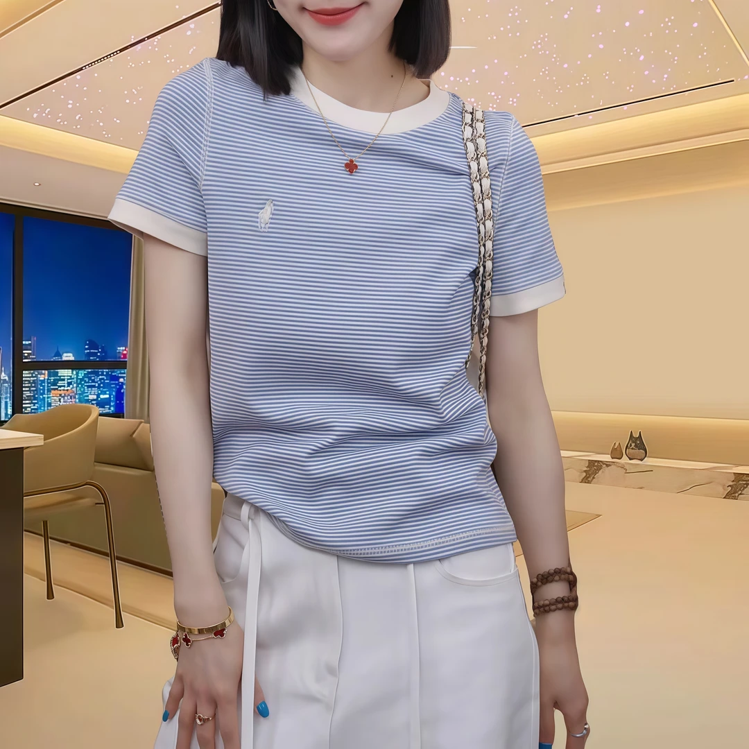 夏季新款高级感短袖T恤女士刺绣圆领显瘦洋气条纹打底衫内搭上衣