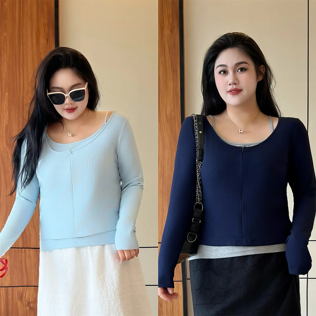 断码捡漏~大码女装秋季花契200斤胖mm韩风两件叠穿套装15184-F