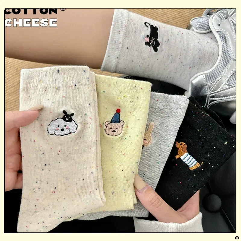 卡通可爱点子纱袜子WSZZ女中筒袜潮纯棉春秋日系学生秋天堆【大橘】