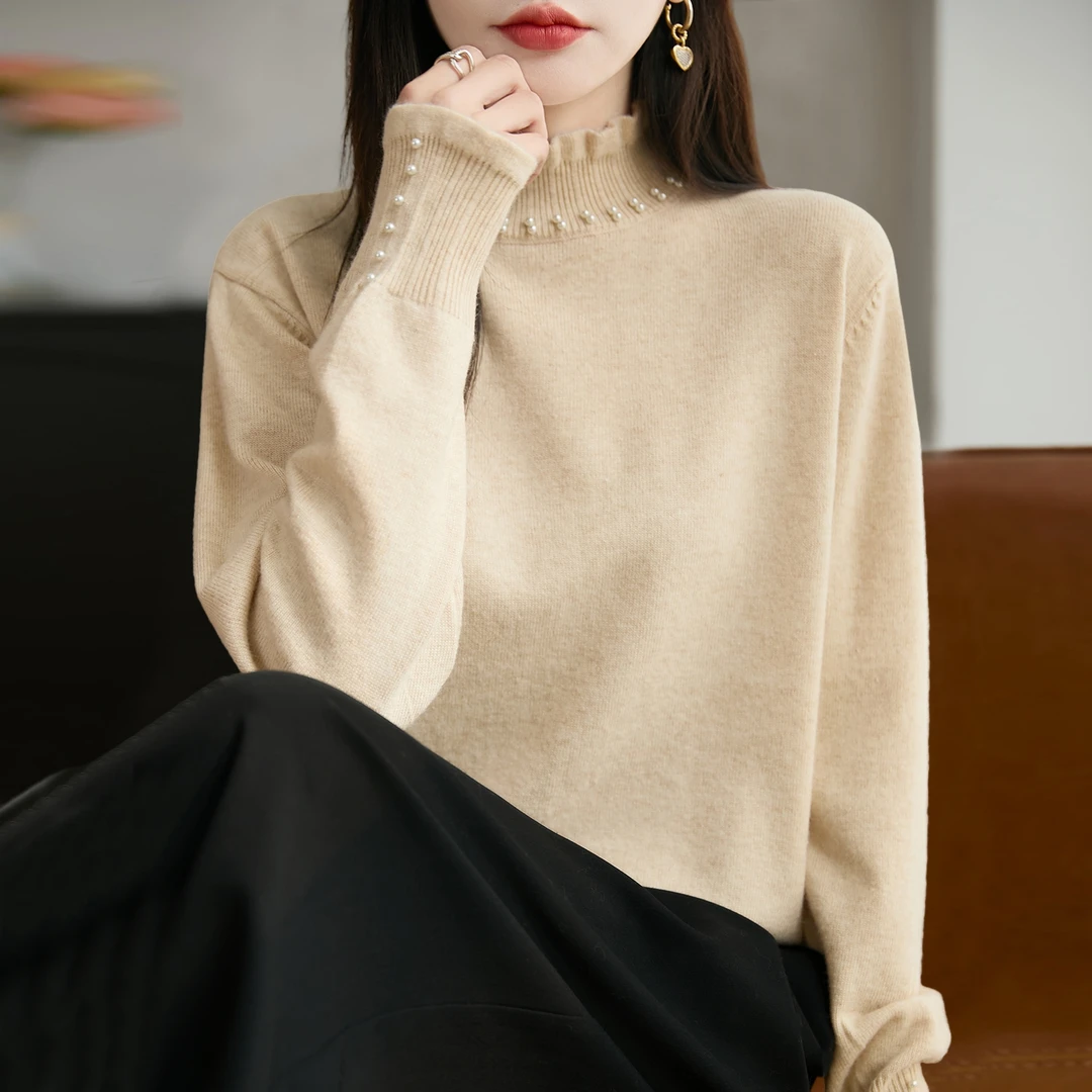 鄂尔斯市纯100羊绒衫半高领钉珠减龄针织打底衫女新款洋气毛线衣