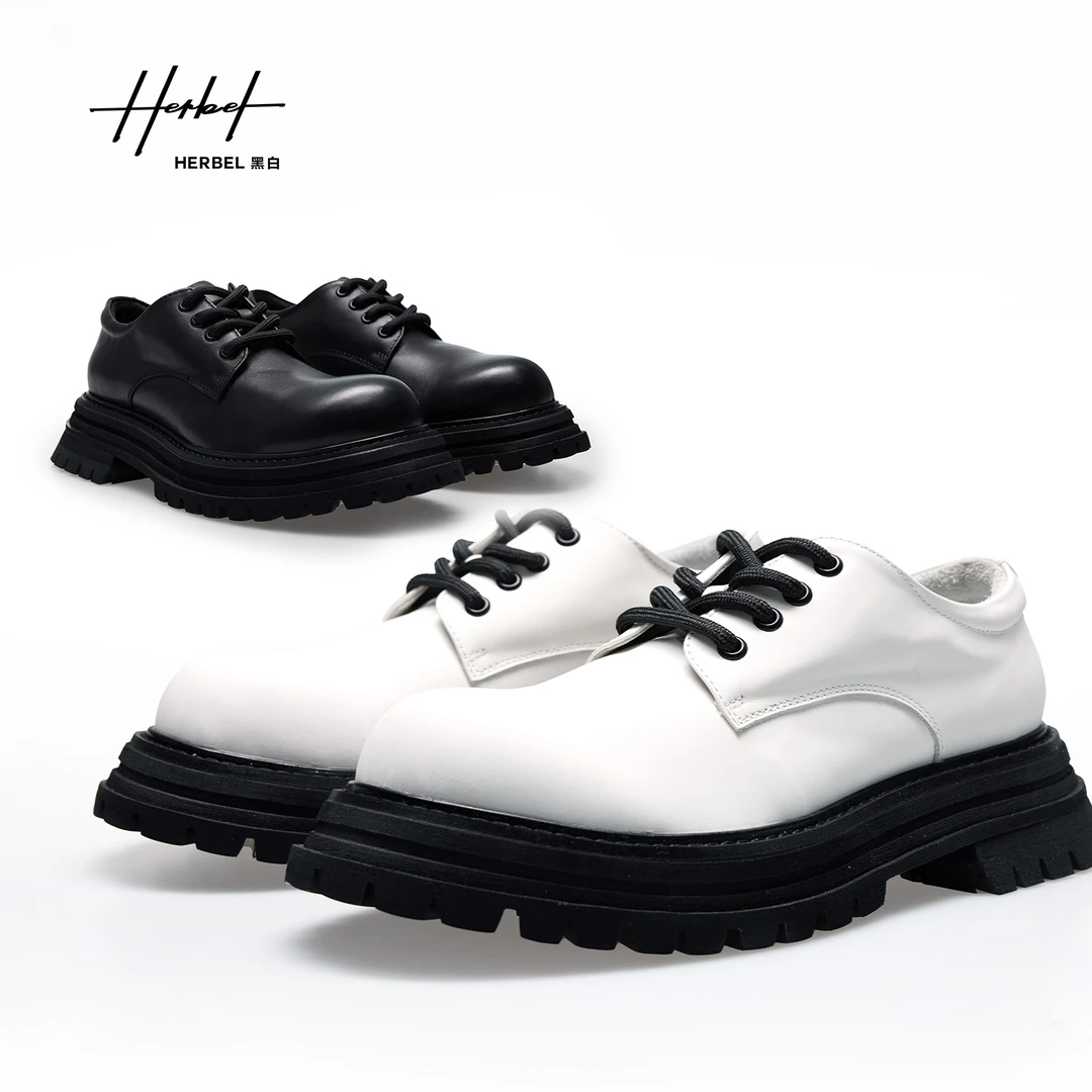 HERBEL/黑白2025四季休闲皮鞋透气牛皮潮鞋双色男翻毛皮撞色板鞋