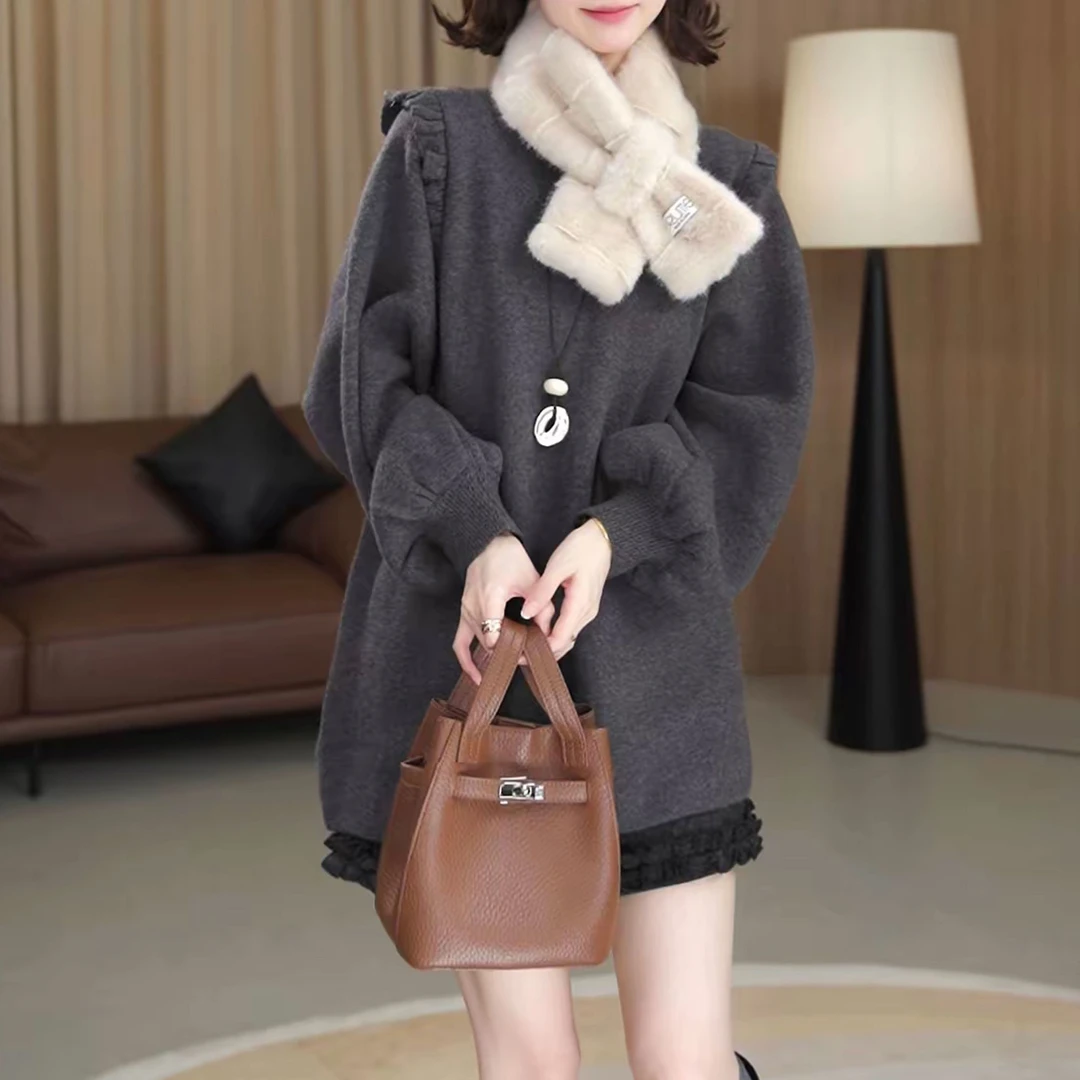 2025秋冬新款简约慵懒风拼接卫衣女休闲时尚洋气木耳纯色百搭上衣