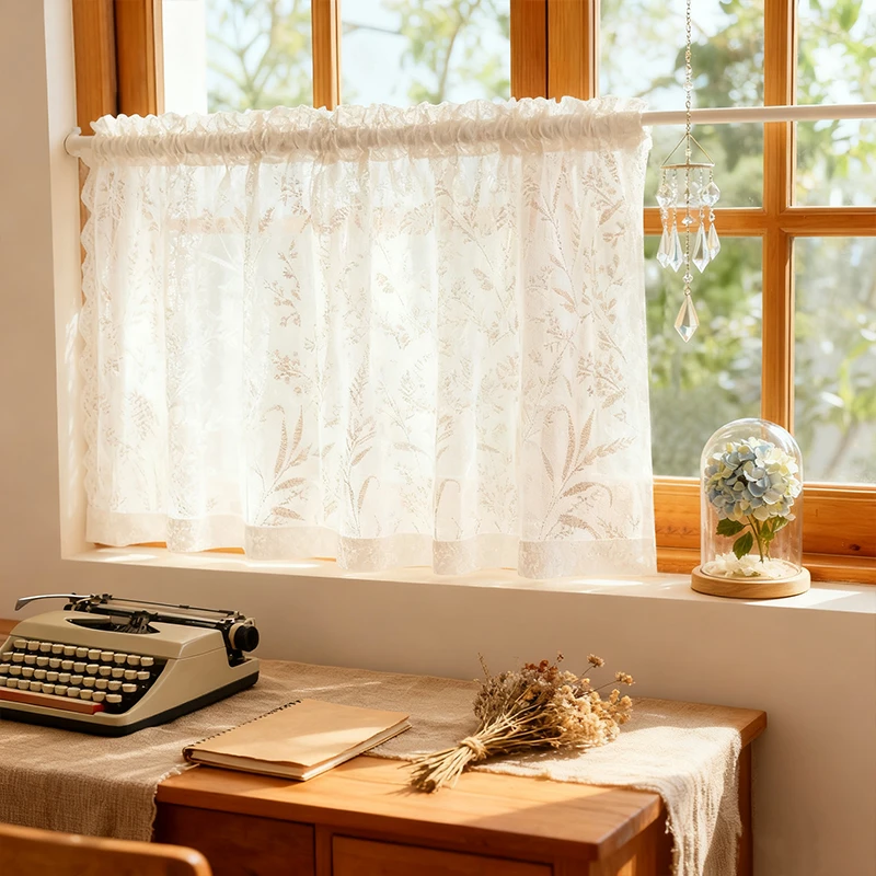 法式纱帘透光不透人复古奶油风免打孔窗帘飘窗厨房半帘短帘遮挡帘