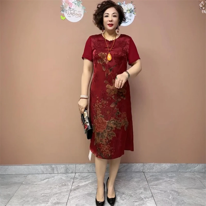 夏季重磅仿真丝连衣裙气质中老年妈妈装仿桑蚕丝短袖遮肉宽松大码