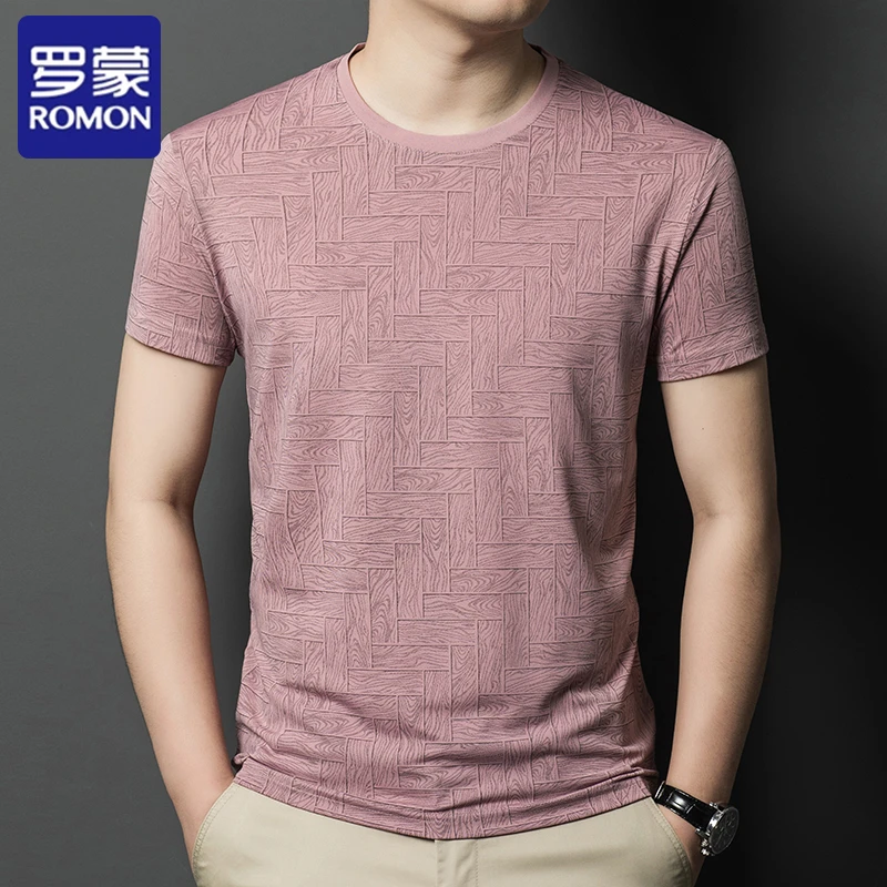 Romon/罗蒙夏季冰丝短袖t恤男士新款时尚休闲圆领潮流男装T恤衫