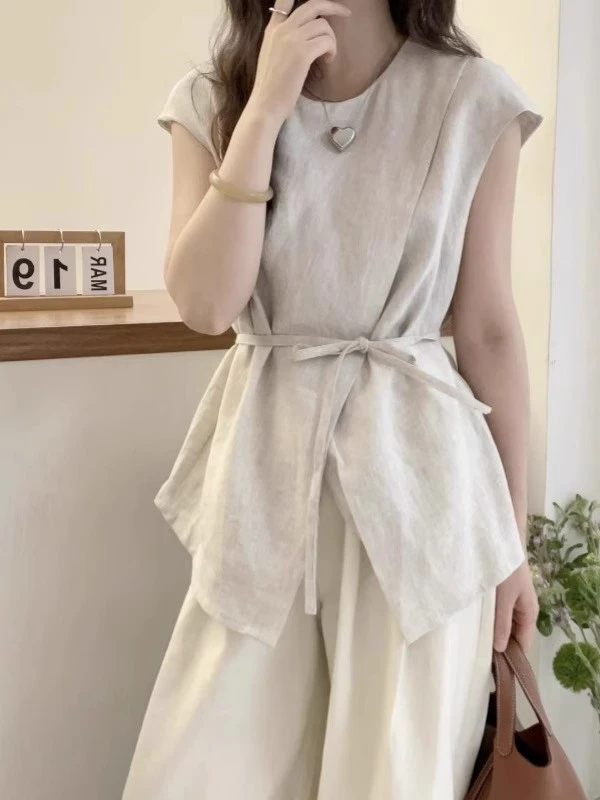 胖妹妹高级感飞袖衬衫女2025夏季新款大码不规则系带收腰棉麻上衣