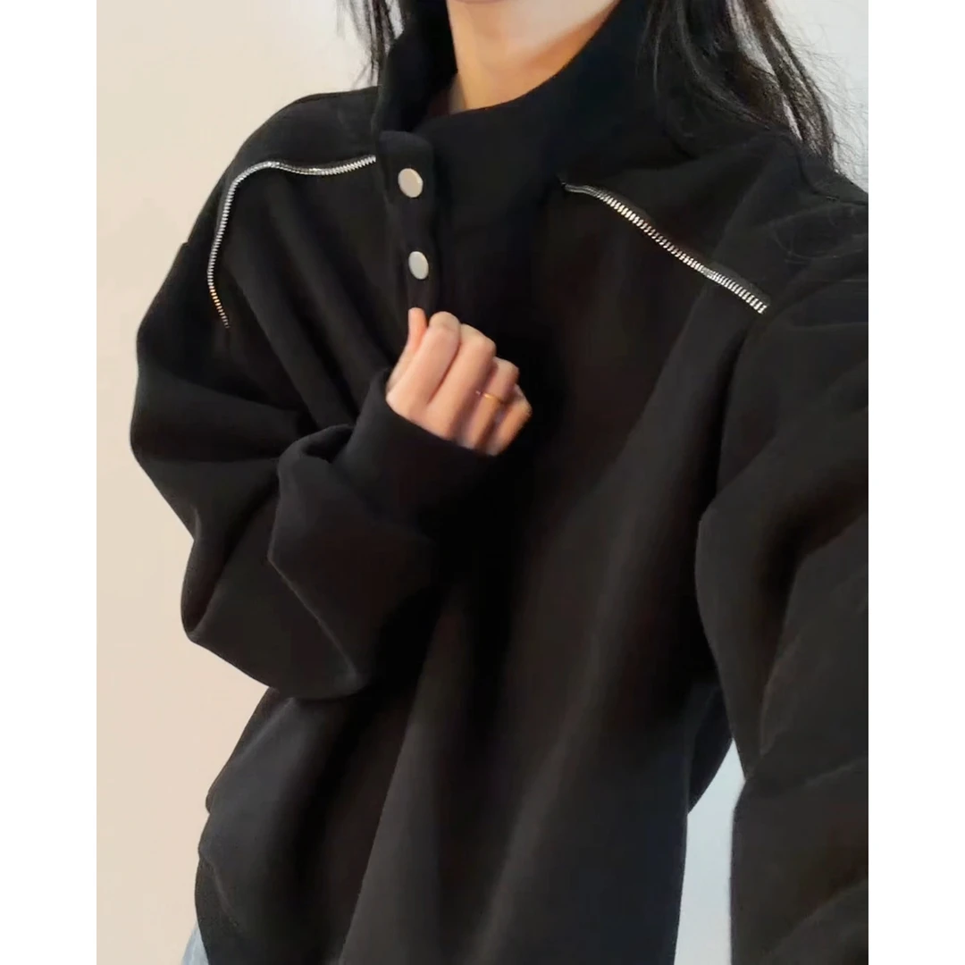 480G重磅美式休闲立领卫衣男女秋季设计感休闲套头衫宽松运动上衣