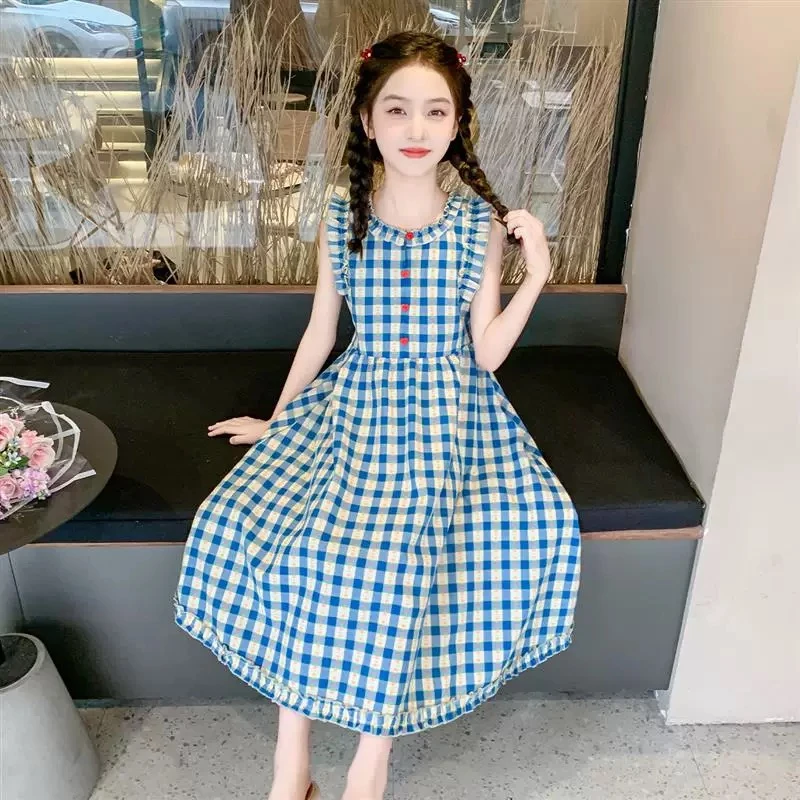 女童格子连衣裙夏季新款中大童百搭无袖中长裙儿童洋气公主裙