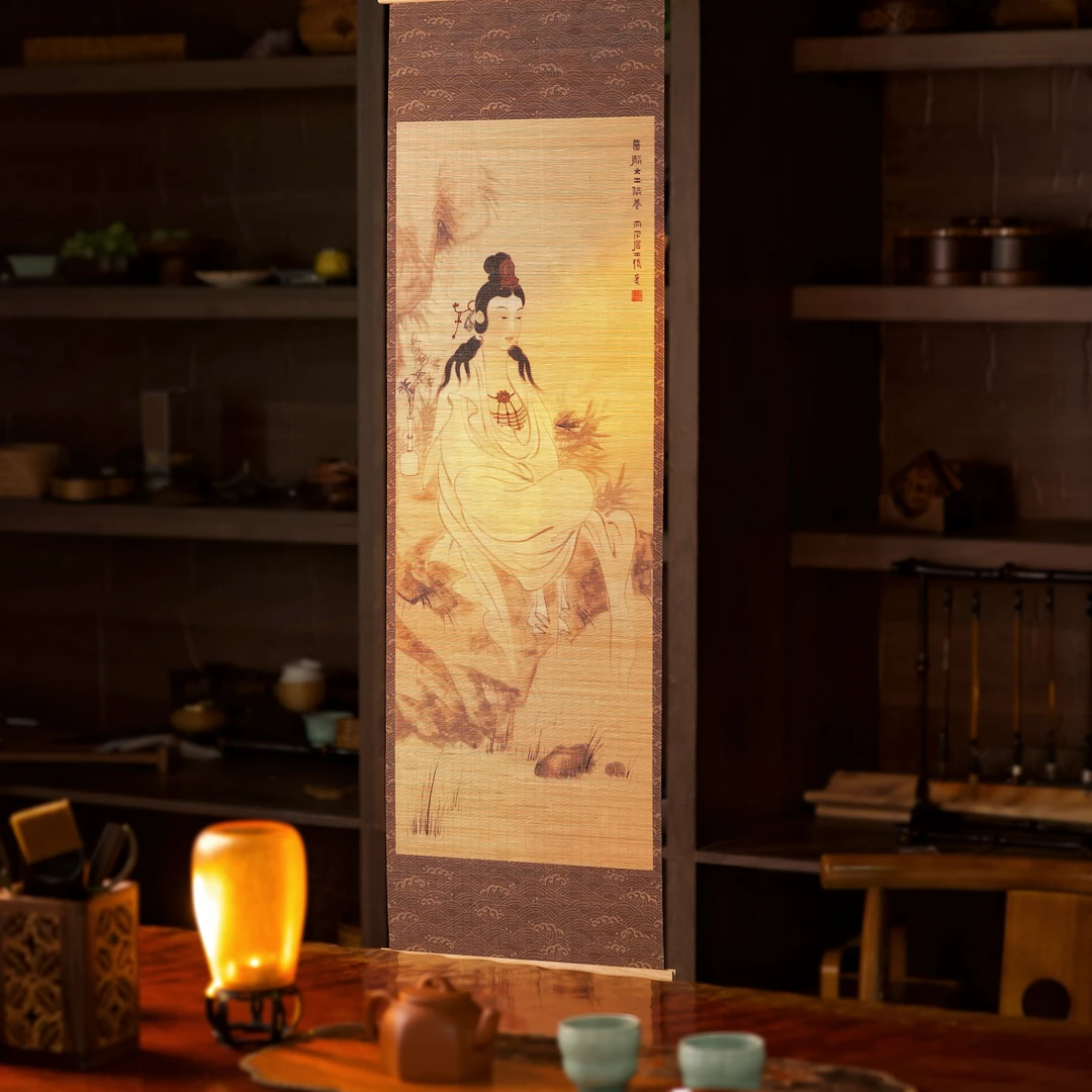 新款观音喜鹊登梅双面竹丝挂画挂帘茶室搭配挂饰装饰画竹制通用