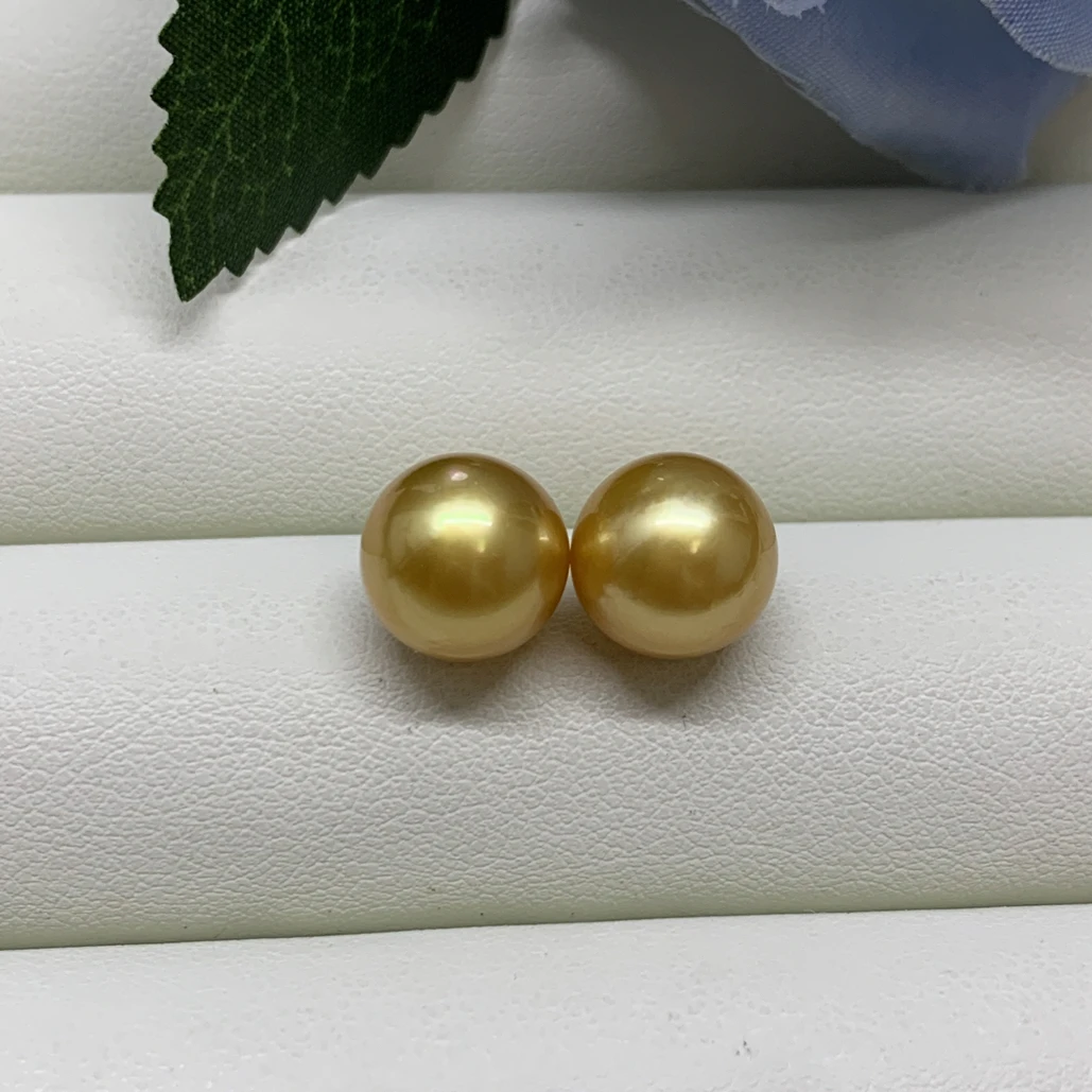 天然海水珍珠南洋金珠正圆浓浓金素钉9-10mm