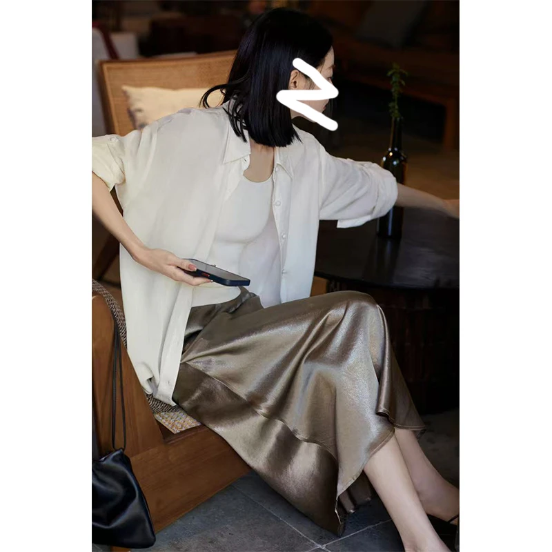 【松紧腰+拉链+侧开叉】2个裙长裙缎面半身裙A字裙春夏女士珠光显瘦