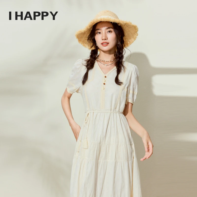 海贝连衣裙女V领收腰系带长裙裙子夏新款H4H04AW234