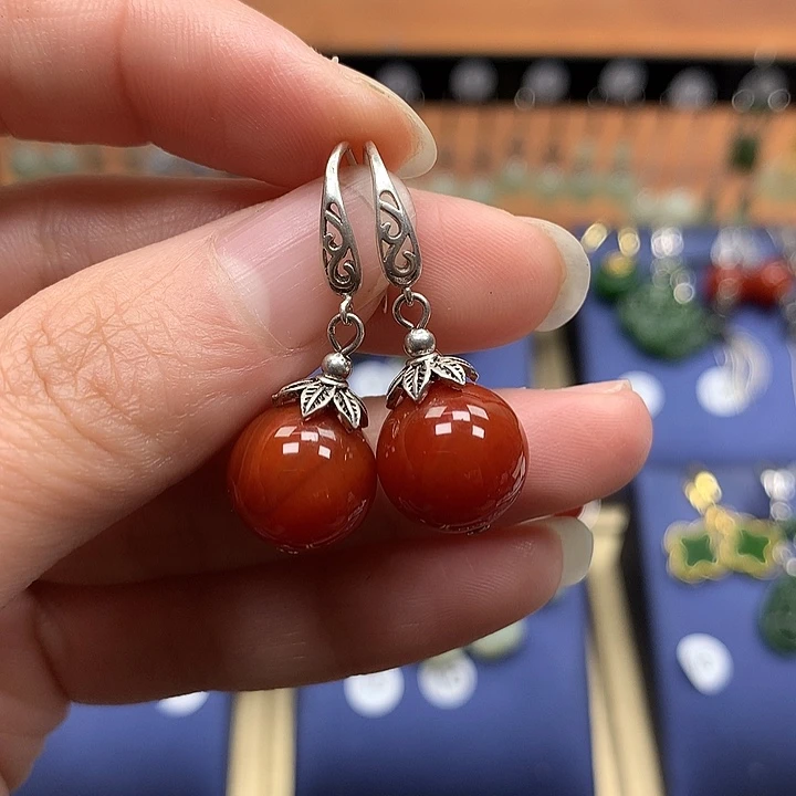 玛瑙/玉髓银S925镶嵌耳环12左右