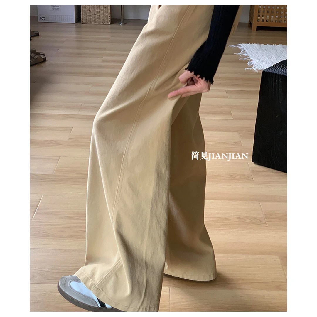 初秋美式复古卡其色休闲牛仔裤痞帅炸街风女装极简ins时尚弯刀