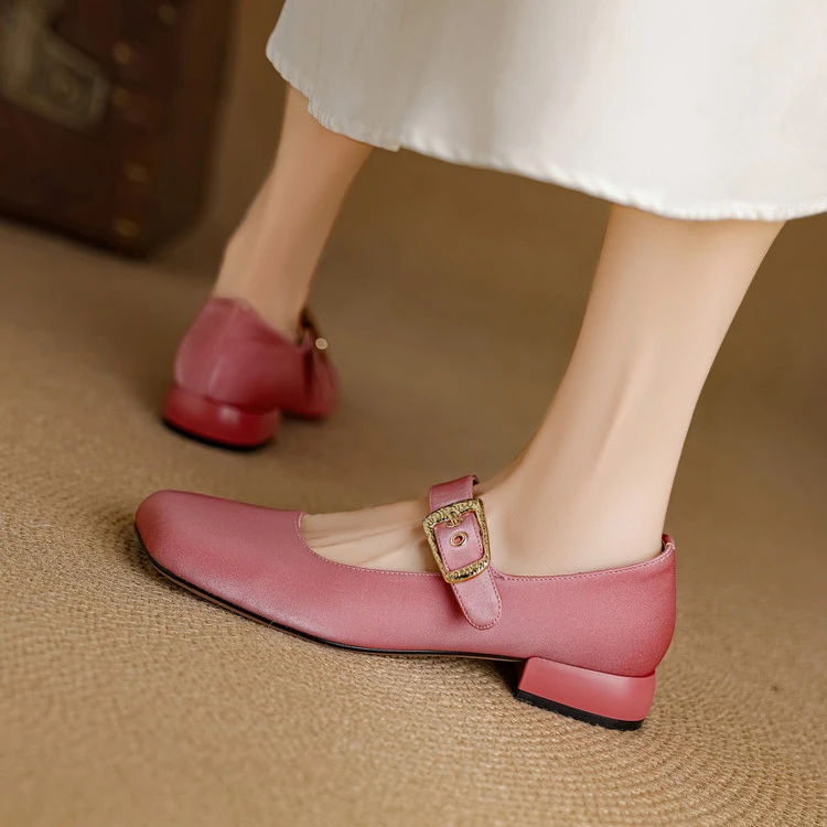 羊皮~2.5cm低跟真皮单鞋女2025春新款粗跟小皮鞋粉色玛丽珍鞋方头