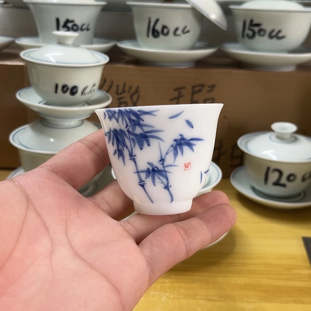 冰种玉瓷手绘竹子杯12个