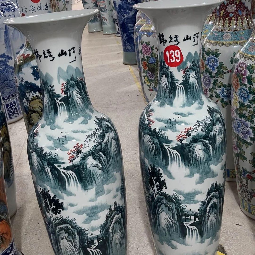 瓶陶瓷景德镇落地大花瓶高度1.2左右一对手绘锦绣山河