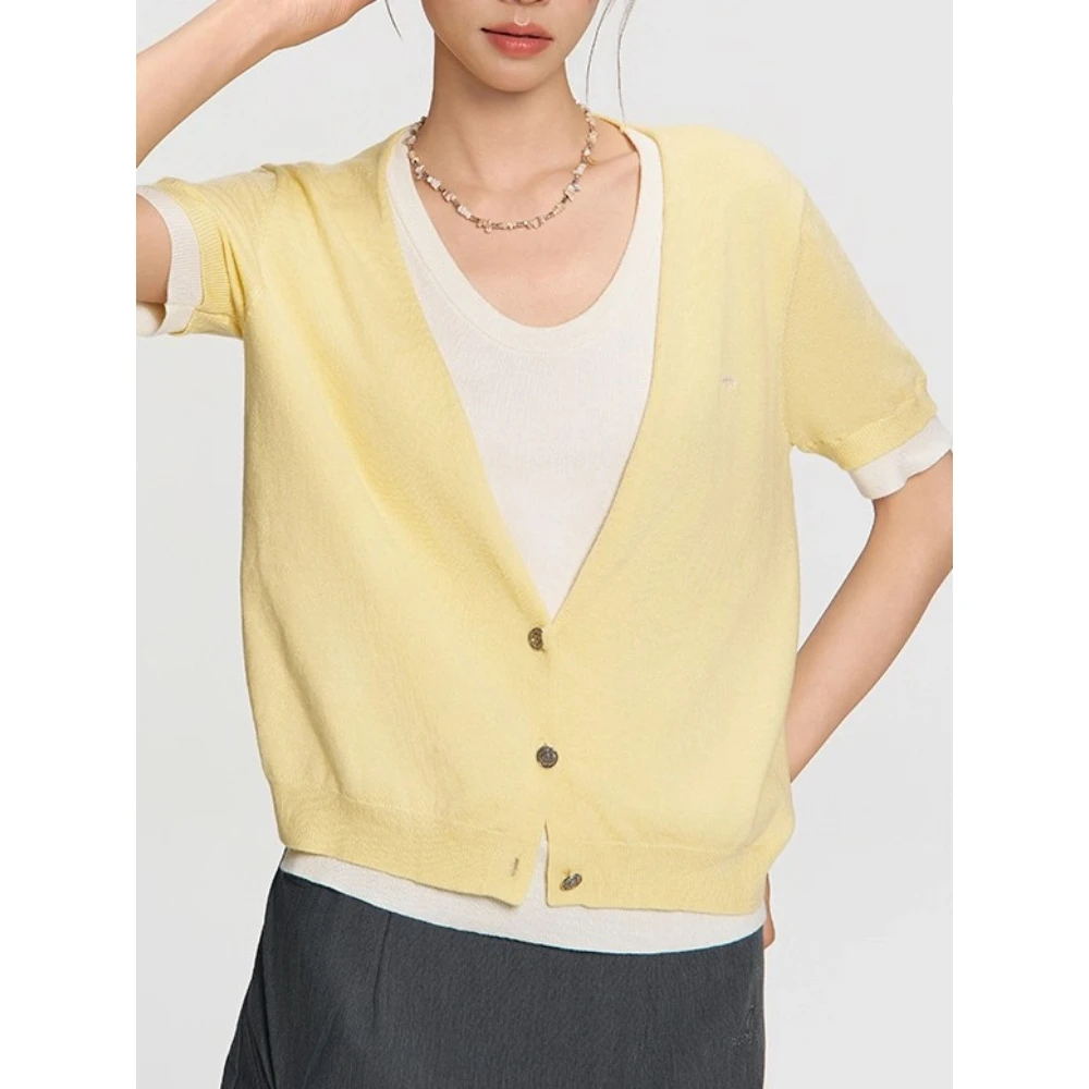 2025年夏季设计感撞色圆领显瘦开衫百搭上衣假两件针织短袖T恤女