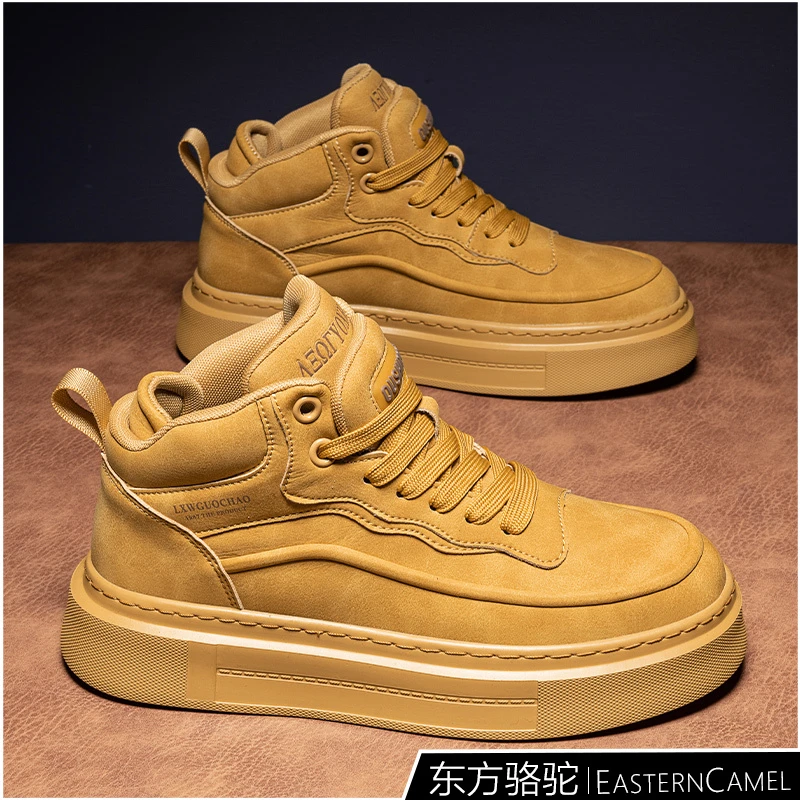 东方骆驼高帮男鞋秋冬爆款复古舒适休闲板鞋厚底男士棕色网红潮鞋