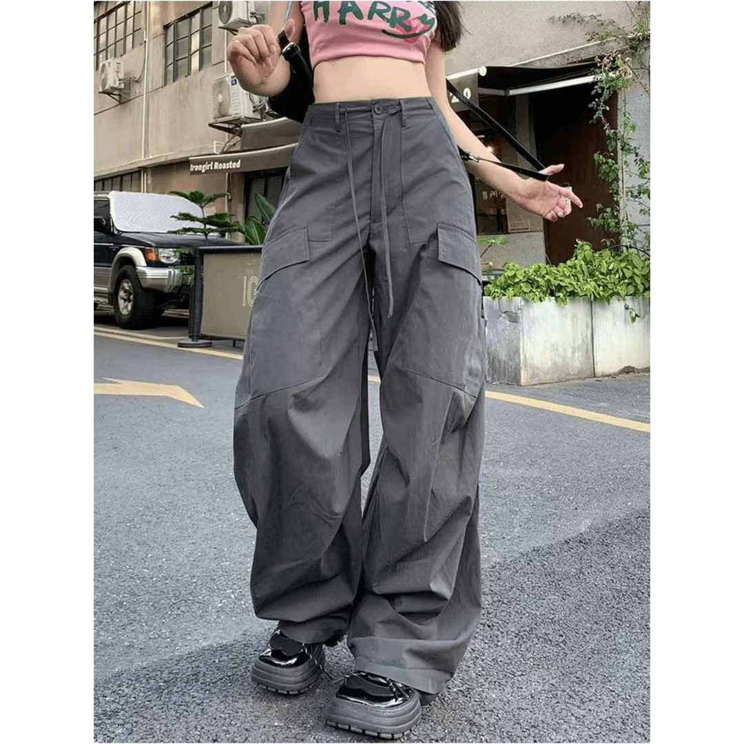 美式街头潮流高腰工装裤设计感伞兵裤运动显瘦宽松百搭直筒阔腿裤