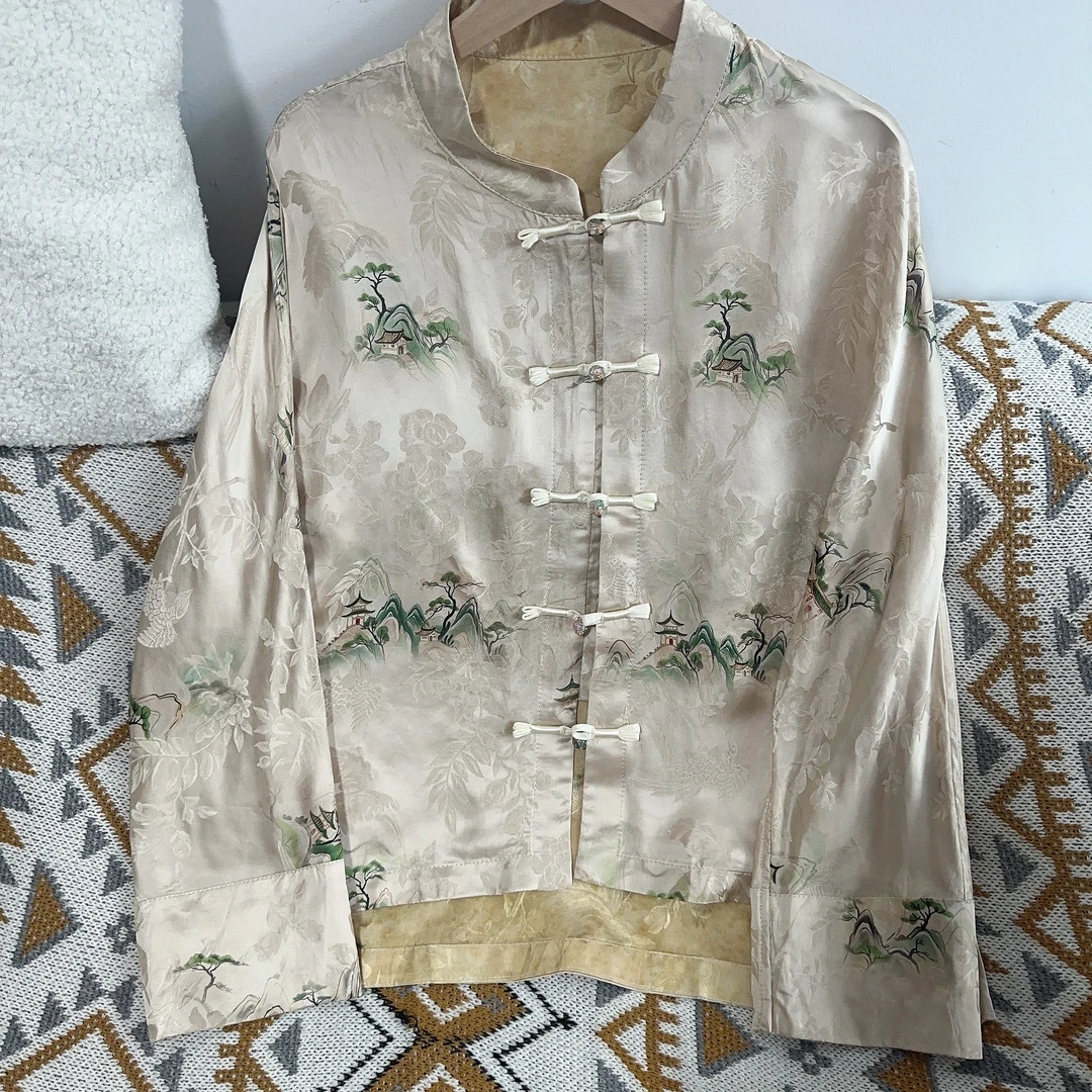 【舟行】白扣新中式青山青松亭台楼阁刻花暗纹高级感防晒上衣外套女
