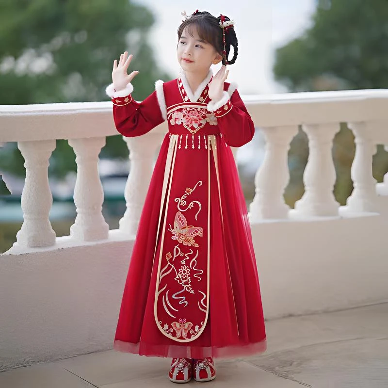 女童汉服秋冬款加绒新款唐装国风连衣裙女孩公主裙冬季儿童演出服
