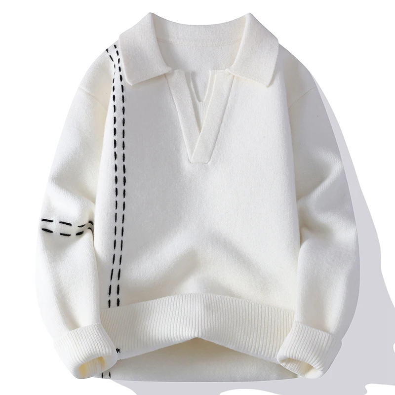 秋冬百搭韩版男士纯色毛衣针织衫休闲拼接长袖明线翻领潮流男装