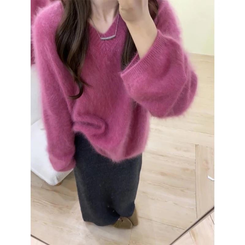 2025秋冬新款法式气质V领宽松毛衣上衣高腰显瘦半身裙