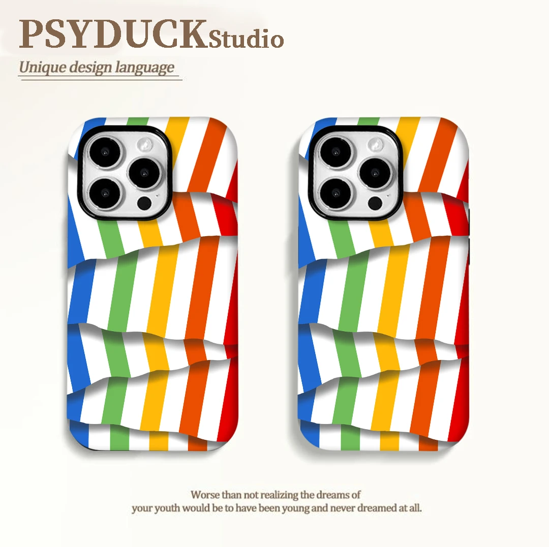 适用苹果华为小米荣耀一加彩虹条纹二合一磨砂菲林防摔手机壳