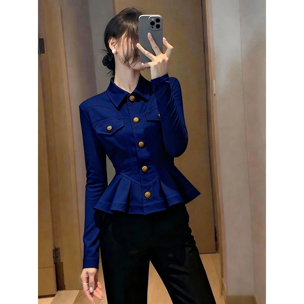 秋季新款超好看藏蓝色外套女高端时髦洋气轻奢时尚气质掐腰上衣