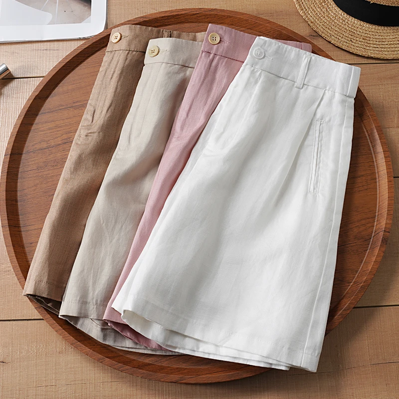 天丝亚麻短裤女士夏季薄款高腰宽松五分热裤休闲直筒冰丝中裤子