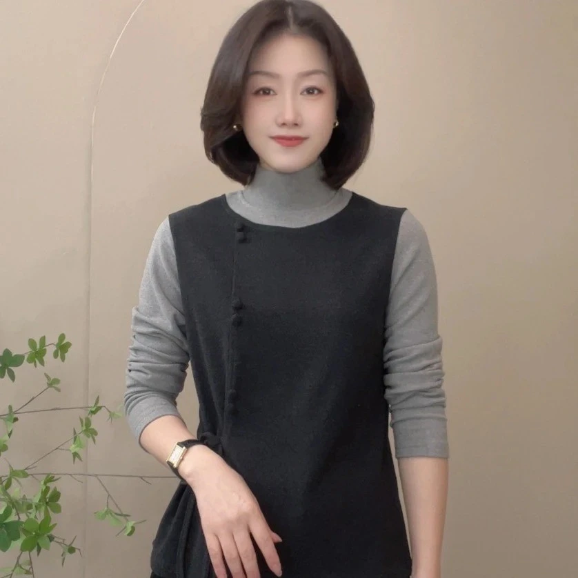 2025秋冬新品半高领拼接假两件打底衫气质女装秋冬纯色长袖上衣