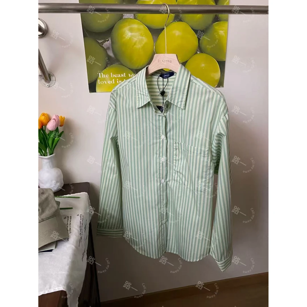 韩国代购.Call my name 绿条纹衬衫 L25062171