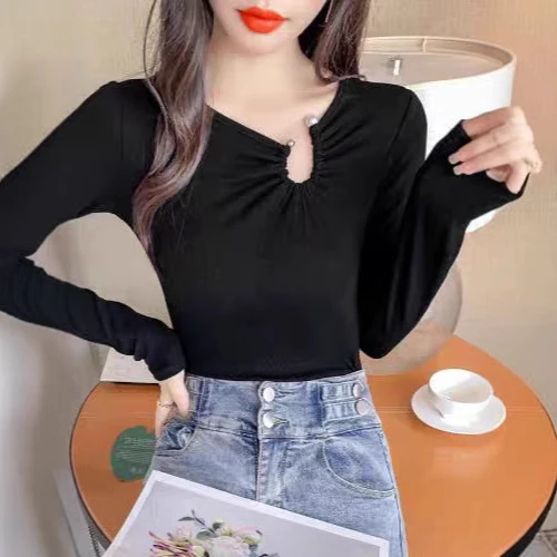 春秋冬新款修身打底衫设计感长袖针织衫黑色毛衣女露锁骨上衣显瘦