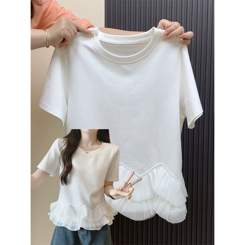 大码韩版正肩拼接蕾丝边下摆设计夏季新款百搭遮肚短袖t恤女上衣