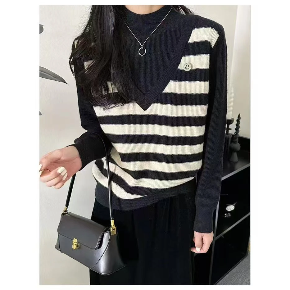 常规款常规通勤条纹薄款毛针织衫长袖上衣圆领撞色