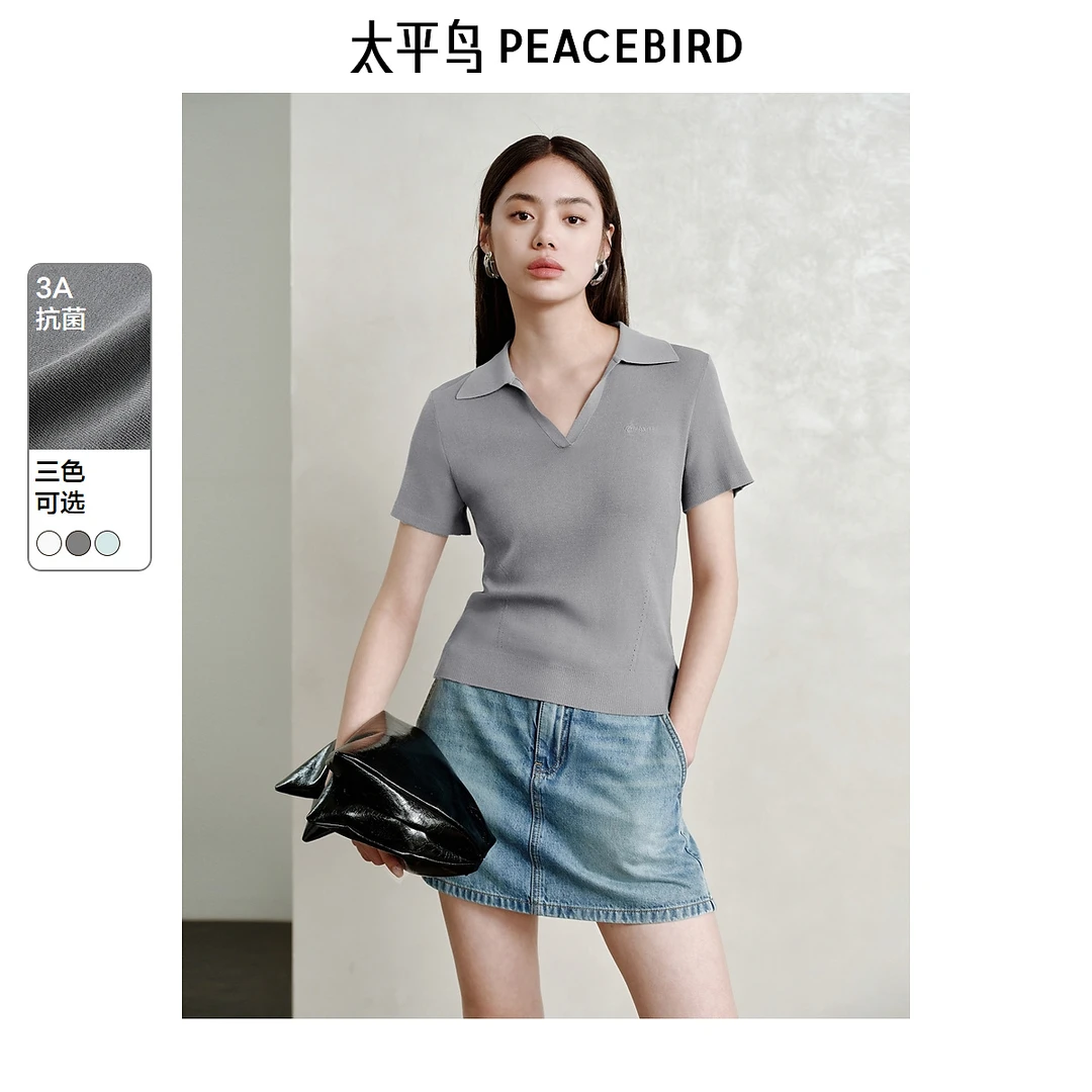 【赵老板专属】太平鸟线套衫短袖上衣夏新品欧若风LOLO领AAEEF2375