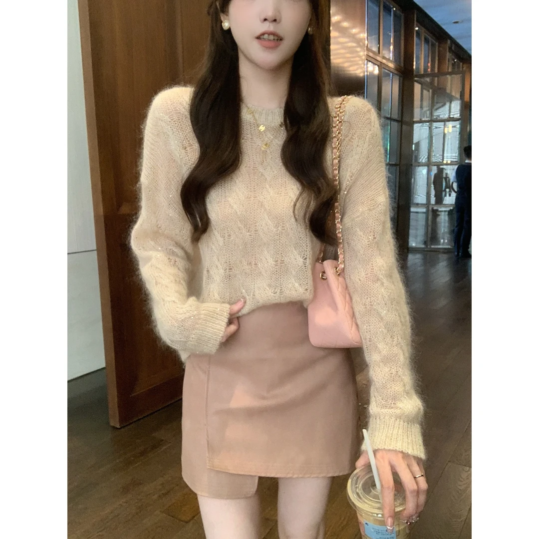 安璃 亮片麻花毛感细闪圆领毛衣