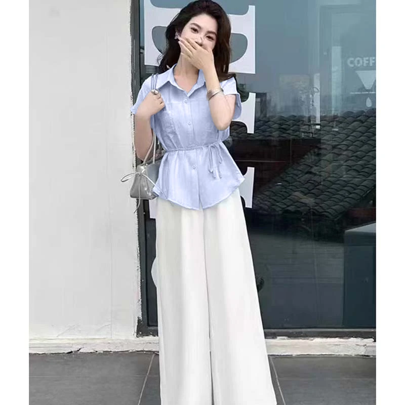 【蓝色】【两件套】【有里布】衬衫套装女夏季一整套减龄两件套D2395