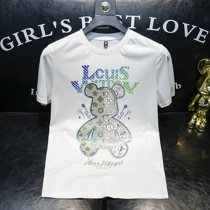 范希巴迪丝光棉短袖t恤男夏季潮流小熊印花烫钻大码半袖体恤男士