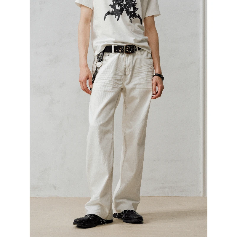 Rustynaill原创手工做脏白色立体猫须长款百搭宽松休闲直筒牛仔裤