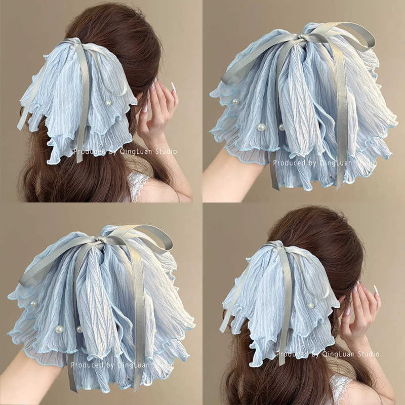 流光蓝~冰蓝色蝴蝶结珍珠抓夹女高级感飘带马尾半扎发绳旅行发卡