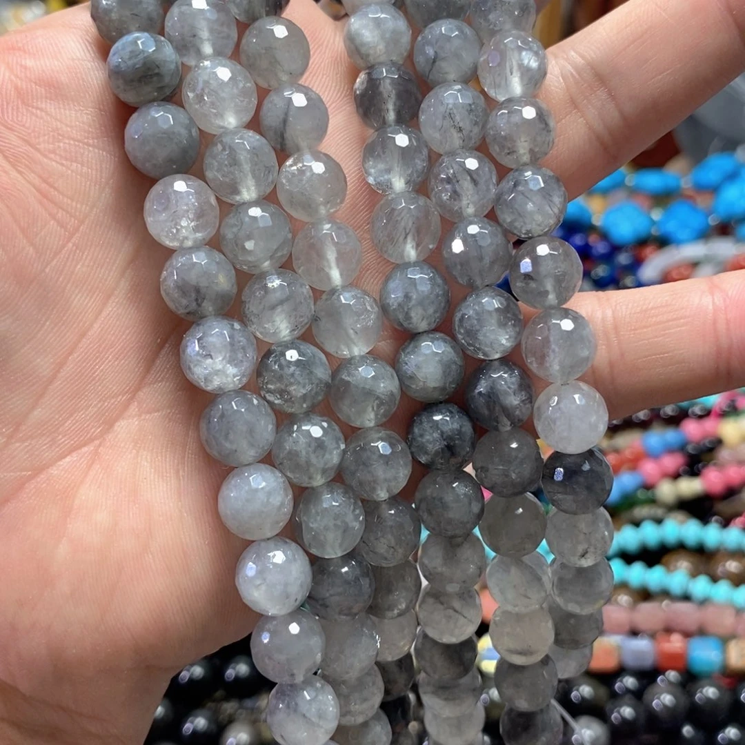 玛瑙/玉髓合金珠宝半成品天然烟晶切面一条卡10mm