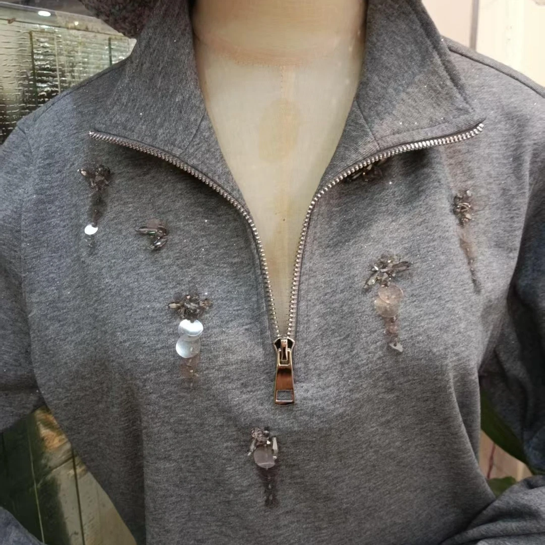 GD*卫衣立领半拉链重工钉珠休闲细闪上衣休闲运动直筒裤街头百搭