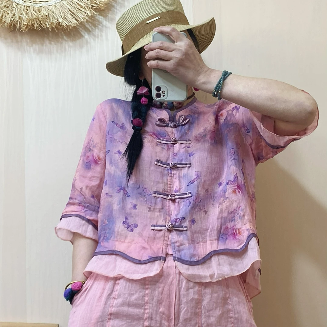 箫箫  新款苎麻数码印花上衣显瘦