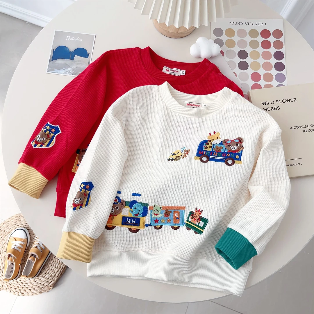 日系mikiclever24秋新男女童长袖豪华重工小熊巴士华夫格卫衣6006